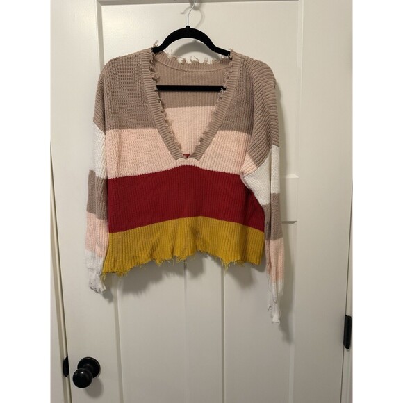 Fate Multi Color Size Medium Striped Long Sleeve V Neck Cotton Cropped Sweater - Picture 2 of 6